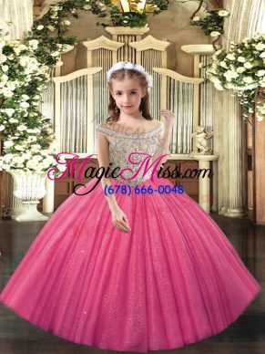 Beading Glitz Pageant Dress Hot Pink Lace Up Sleeveless Floor Length