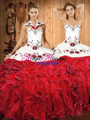White And Red Lace Up Vestidos de Quinceanera Embroidery and Ruffles Sleeveless Floor Length