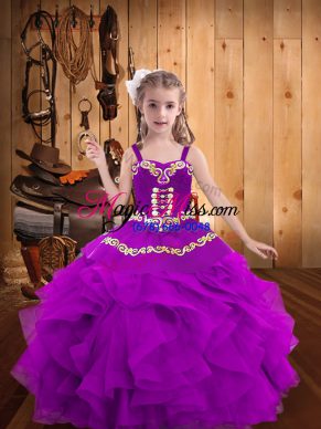 Super Purple Lace Up Straps Embroidery and Ruffles Little Girl Pageant Dress Organza Sleeveless