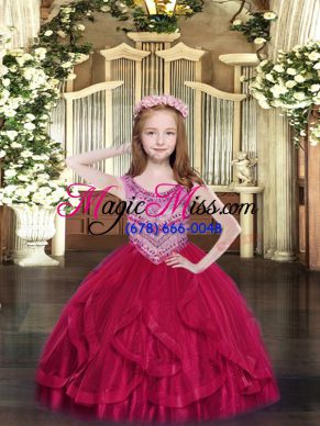 Hot Sale Hot Pink Lace Up Scoop Beading and Ruffles Little Girls Pageant Gowns Tulle Sleeveless