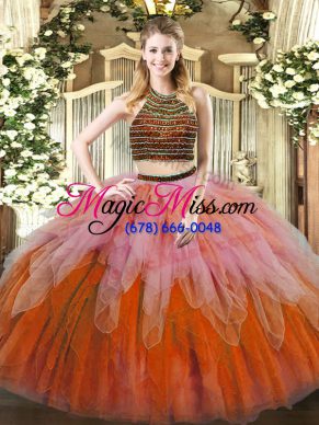 Cheap Multi-color Two Pieces Beading and Ruffles Ball Gown Prom Dress Lace Up Tulle Sleeveless Floor Length