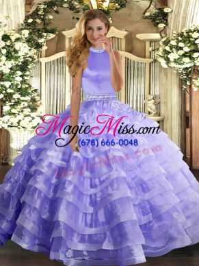 Glittering Sleeveless Floor Length Beading and Ruffled Layers Backless Quinceanera Dresses with Lavender