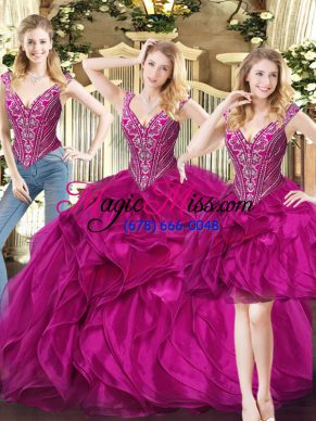 Fuchsia Organza Lace Up V-neck Sleeveless Floor Length Sweet 16 Quinceanera Dress Ruffles