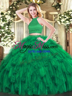 Vintage Green Halter Top Neckline Beading and Ruffles Quinceanera Dresses Sleeveless Backless