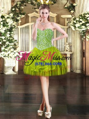 Olive Green Ball Gowns Sweetheart Sleeveless Tulle Mini Length Lace Up Beading and Ruffles Evening Dress