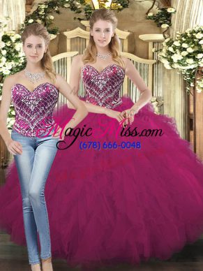 Beading and Ruffles Sweet 16 Dresses Fuchsia Lace Up Sleeveless Floor Length