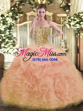 Peach Sleeveless Floor Length Beading and Ruffles Lace Up Sweet 16 Dresses