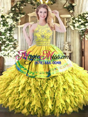 Yellow Green Ball Gowns Organza Halter Top Sleeveless Beading and Ruffles Floor Length Zipper Quinceanera Gowns