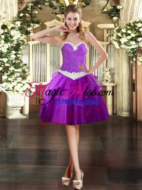 Elegant Sweetheart Sleeveless Prom Gown Mini Length Appliques and Ruffled Layers Purple Tulle