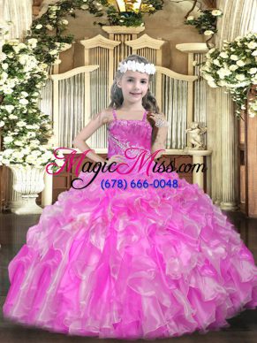 Straps Sleeveless Lace Up Little Girls Pageant Gowns Rose Pink Organza