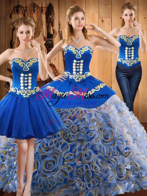 Trendy Multi-color Three Pieces Sweetheart Sleeveless Satin and Fabric With Rolling Flowers With Train Sweep Train Lace Up Embroidery Sweet 16 Quinceanera Dress