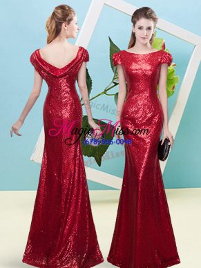 Sequined Scoop Cap Sleeves Zipper Sequins Prom Gown in Wine Red