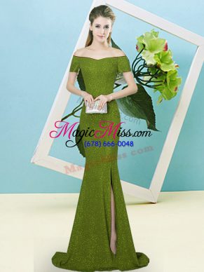 Flirting Olive Green Prom Evening Gown Off The Shoulder Short Sleeves Sweep Train Zipper