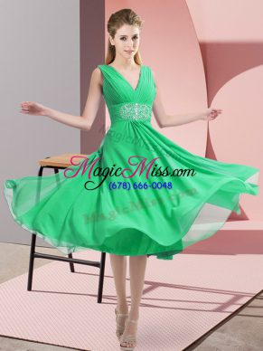Turquoise Empire Chiffon V-neck Sleeveless Beading Knee Length Side Zipper Dama Dress for Quinceanera