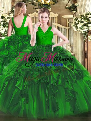 Top Selling V-neck Sleeveless Zipper Ball Gown Prom Dress Dark Green Organza