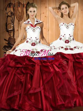 Superior Halter Top Sleeveless Quinceanera Dresses Floor Length Embroidery and Ruffles Wine Red Organza