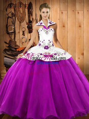 Fantastic Fuchsia Lace Up Halter Top Embroidery Sweet 16 Dress Satin and Tulle Sleeveless