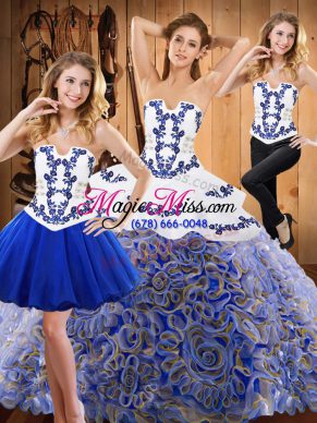 Fashionable Multi-color Satin and Fabric With Rolling Flowers Lace Up Strapless Sleeveless With Train 15th Birthday Dress Sweep Train Embroidery