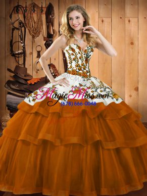 Rust Red Sleeveless Sweep Train Embroidery Sweet 16 Quinceanera Dress