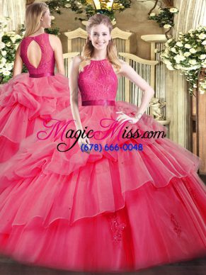 Affordable Coral Red Sleeveless Floor Length Lace and Ruffled Layers Zipper Vestidos de Quinceanera