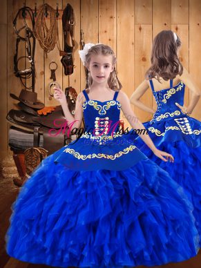 Fashionable Royal Blue Sleeveless Floor Length Embroidery and Ruffles Lace Up Pageant Dress