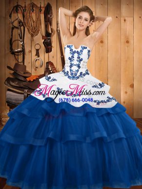 Stylish Blue Ball Gowns Strapless Sleeveless Tulle Sweep Train Lace Up Embroidery and Ruffled Layers Sweet 16 Dresses