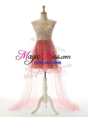Watermelon Red Backless Scoop Appliques Prom Dress Tulle Sleeveless