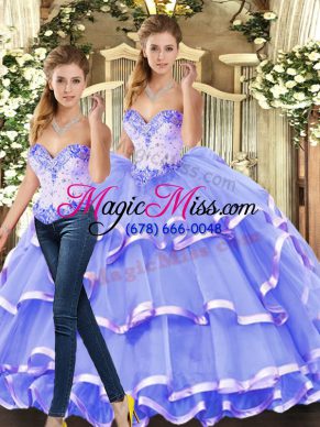 Latest Lavender Quince Ball Gowns Military Ball and Sweet 16 and Quinceanera with Beading and Ruffled Layers Sweetheart Sleeveless Lace Up