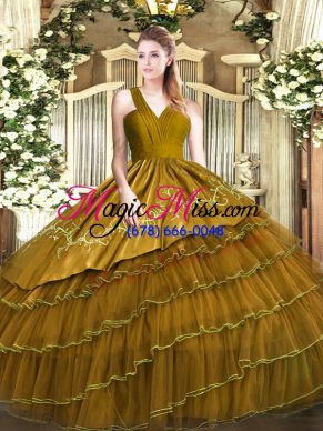 Dynamic Brown Sleeveless Satin and Organza Zipper Ball Gown Prom Dress for Military Ball and Sweet 16 and Quinceanera