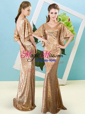 Affordable Gold Mermaid Sequined V-neck Half Sleeves Sequins Floor Length Zipper Homecoming Dress