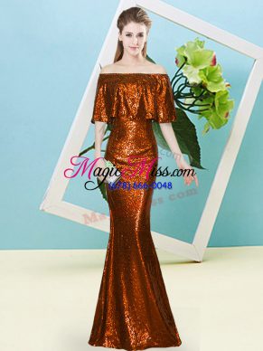 Free and Easy Sequins Prom Party Dress Rust Red Zipper Half Sleeves Floor Length
