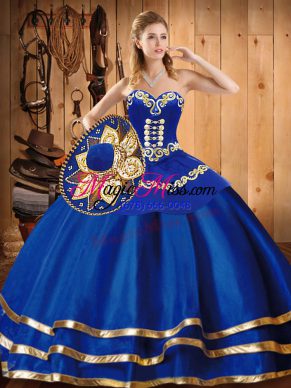 Blue Quinceanera Gown Military Ball and Sweet 16 and Quinceanera with Embroidery Sweetheart Sleeveless Lace Up