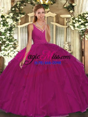 Super Organza V-neck Sleeveless Backless Ruffles Quinceanera Gown in Fuchsia