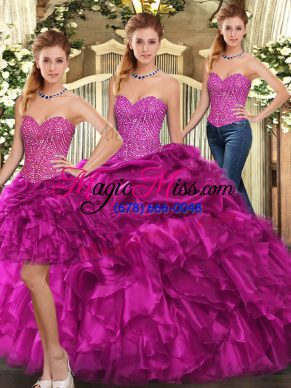 Pretty Fuchsia Sleeveless Floor Length Beading and Ruffles Lace Up 15th Birthday Dress