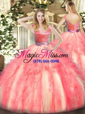 Beautiful Watermelon Red Sleeveless Beading and Ruffles Floor Length Quinceanera Gowns