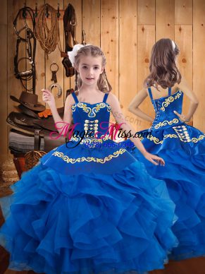 Custom Fit Floor Length Blue Little Girls Pageant Dress Organza Sleeveless Embroidery and Ruffles