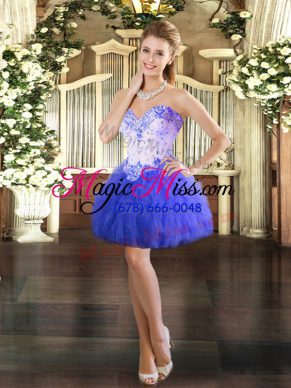 Blue Lace Up Evening Dress Beading and Ruffles Sleeveless Mini Length