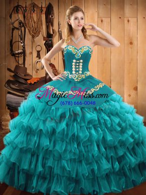 Shining Floor Length Teal Ball Gown Prom Dress Sweetheart Sleeveless Lace Up
