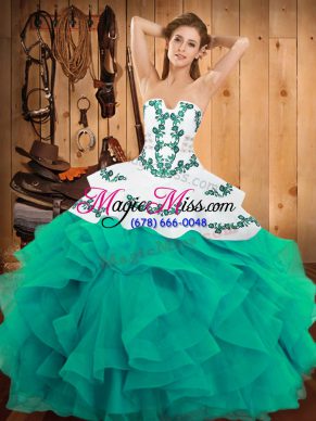 Satin and Organza Sleeveless Floor Length Quinceanera Dresses and Embroidery and Ruffles