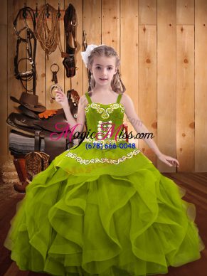 Pretty Olive Green Organza Lace Up Pageant Dress for Womens Sleeveless Floor Length Embroidery and Ruffles