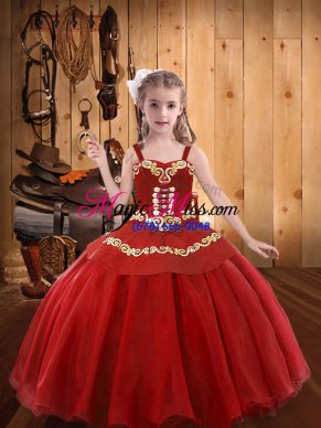 Customized Floor Length Red Pageant Dress Organza Sleeveless Embroidery and Ruffles