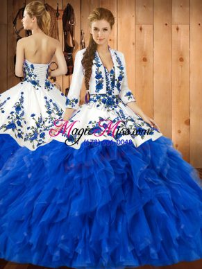 Beautiful Satin and Organza Sleeveless Floor Length Sweet 16 Dress and Embroidery and Ruffles
