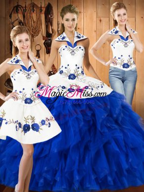 Fantastic Blue And White Three Pieces Embroidery and Ruffles Sweet 16 Dress Lace Up Satin and Organza Sleeveless Floor Length