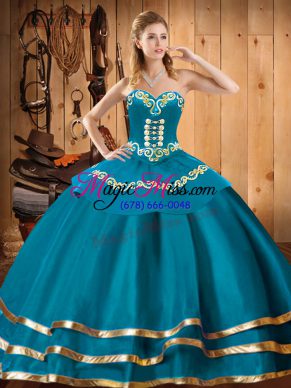 Teal Sweet 16 Quinceanera Dress Military Ball and Sweet 16 and Quinceanera with Embroidery Sweetheart Sleeveless Lace Up
