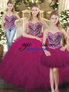 Best Fuchsia Organza Lace Up Sweetheart Sleeveless Floor Length Quinceanera Gowns Beading and Ruffles