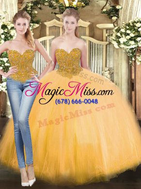 Enchanting Floor Length Lace Up Vestidos de Quinceanera Gold for Military Ball and Sweet 16 and Quinceanera with Beading