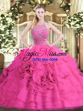 Popular Hot Pink Tulle Zipper 15 Quinceanera Dress Sleeveless Floor Length Beading and Ruffled Layers