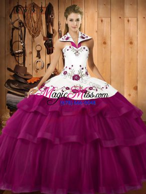 Romantic Sweep Train Ball Gowns Ball Gown Prom Dress Fuchsia Halter Top Organza Sleeveless Lace Up