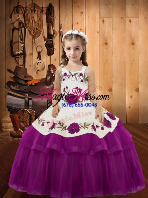 Charming Floor Length Ball Gowns Sleeveless Fuchsia Kids Pageant Dress Lace Up
