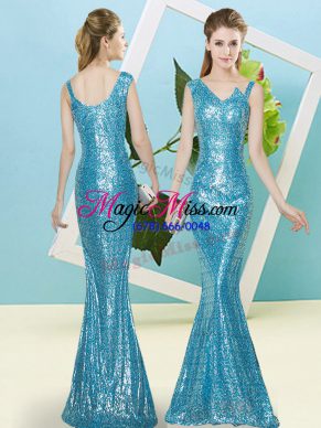 Romantic Baby Blue Sleeveless Floor Length Sequins Zipper Prom Dress